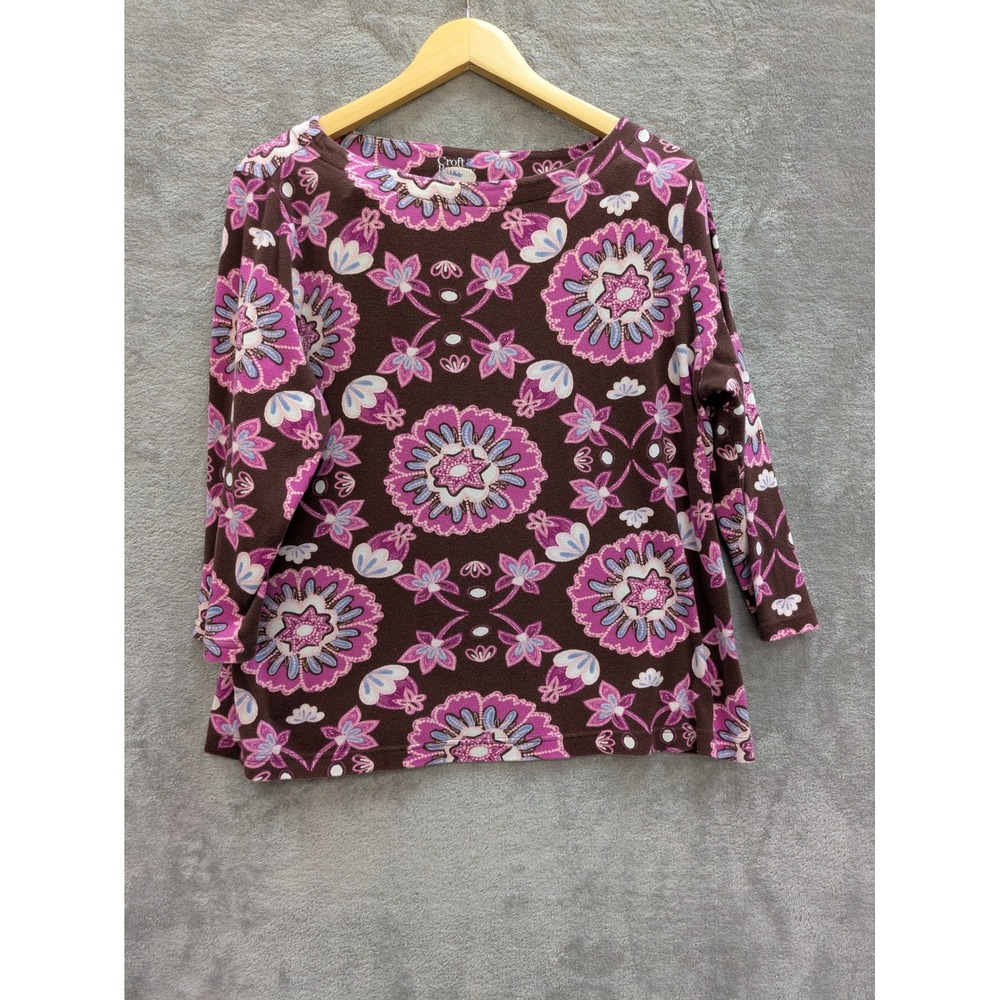 Boho Floral Mandala Top Womens Large Brown Pink 3/4 Sleeve Cotton Knit Shirt
